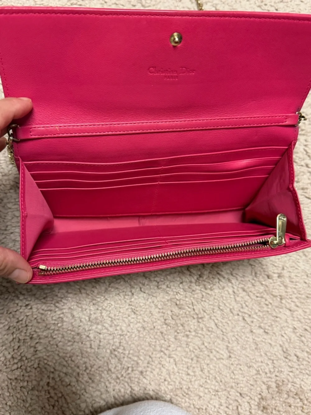 Dior Hot Pink Quilted Leather Chain Wallet with Gold Hardware